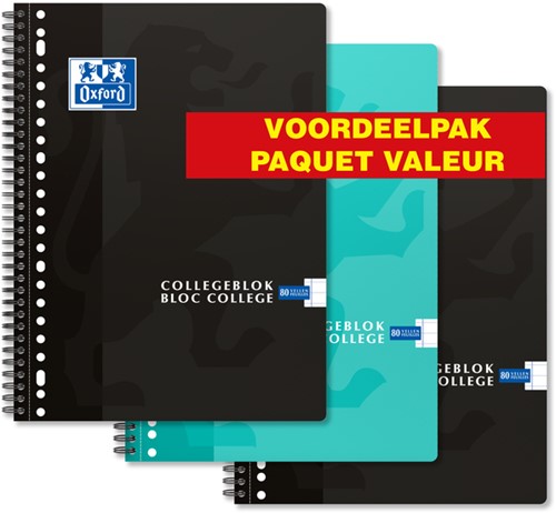 Collegeblok Oxford School A4+ 23-gaats lijn 80vel voordeelpak assorti
