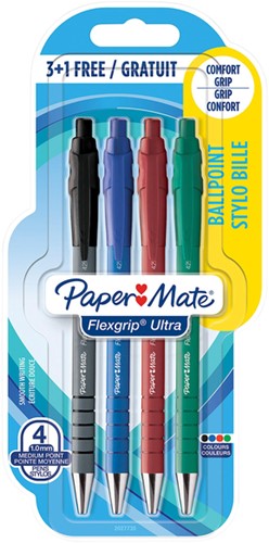 Balpen Paper Mate Flexgrip Ultra blister 3+1 gratis assorti