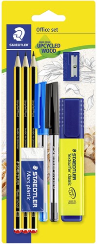 Potlood Staedtler Noris HB blister à  stuks met 2 balpennen, markeerstift, gum en slijper