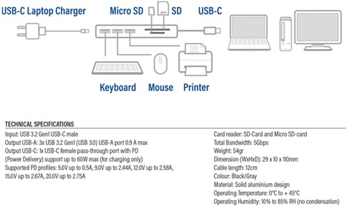 Hub ACT USB-C 3.0, 3x USB-A cardreader PD p-through-6