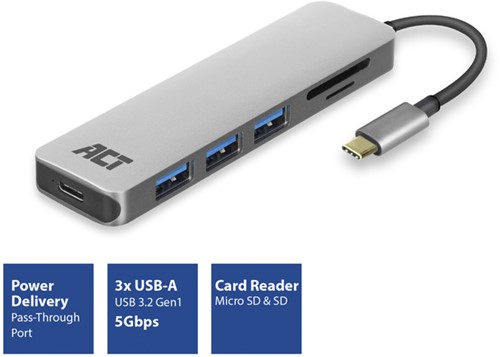 Hub ACT USB-C 3.0, 3x USB-A cardreader PD p-through-3