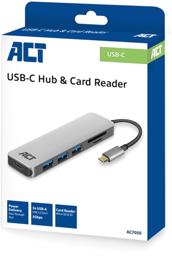 Hub ACT USB-C 3.0, 3x USB-A cardreader PD p-through-5