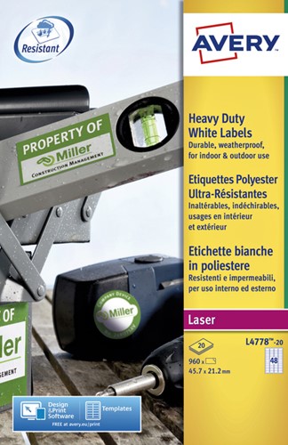 Etiket Avery L4778-20 45.7x21.2mm polyester wit 960stuks
