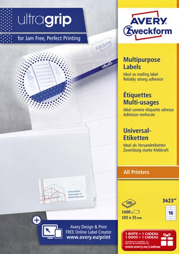 Etiket Avery Zweckform 3423 105x35mm wit 1600stuks