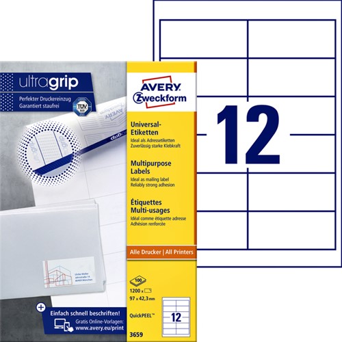 Etiket Avery Zweckform 3659 97x42.3mm wit 1200stuks