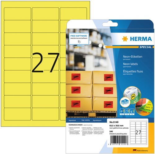 Etiket HERMA 5140 63.5x29.6mm neongeel 540stuks