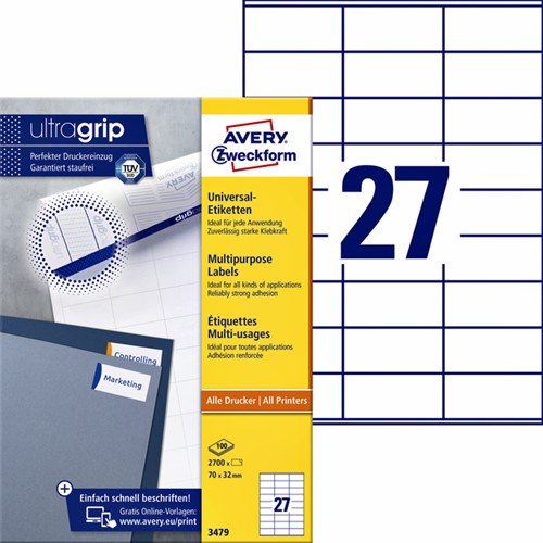 Etiket Avery Zweckform 3479 70x32mm wit 2700stuks