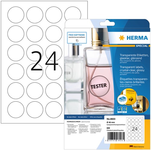 Etiket HERMA 8023 40mm rond transparant 600stuks