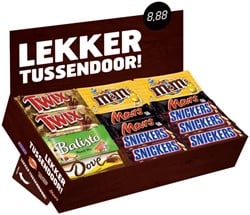 Candy box met Mars Snickers Twix M&M Balisto Dove