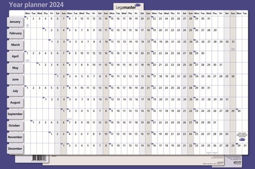 Jaarplanner 2024 Legamaster 90x60cm horizontaal gelamineerd en oprolbaar Engelstalig