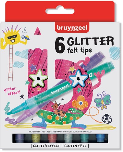 Viltstift Bruynzeel Kids glitter blister à 6 stuks assorti