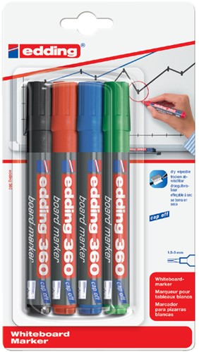 Viltstift edding 360 whiteboard rond 1.5-3mm assorti blister à 4 stuks