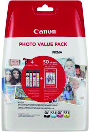 Inktcartridge Canon CLI-581 4 kleuren + 50vel fotopap 10x15cm