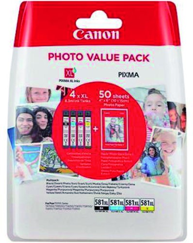 Inktcartridge Canon CLI-581XL 4 kleuren +50 vel fotopapier 10x15cm